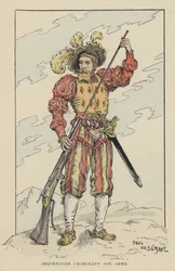 Arquebusier læsser sit våben, tidligt i det 16. århundrede